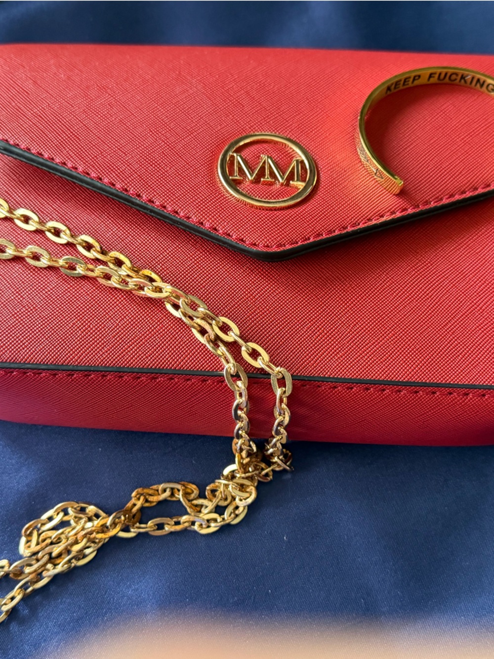 Red Crossbody Clutch with Gold Chain and MM Logo/bracelet included
